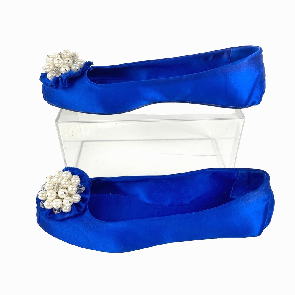 Kate Spade NY Satin Pearls Ballet Shoes Women's 8 M Royal Blue Slip On 38.5 LKNU
